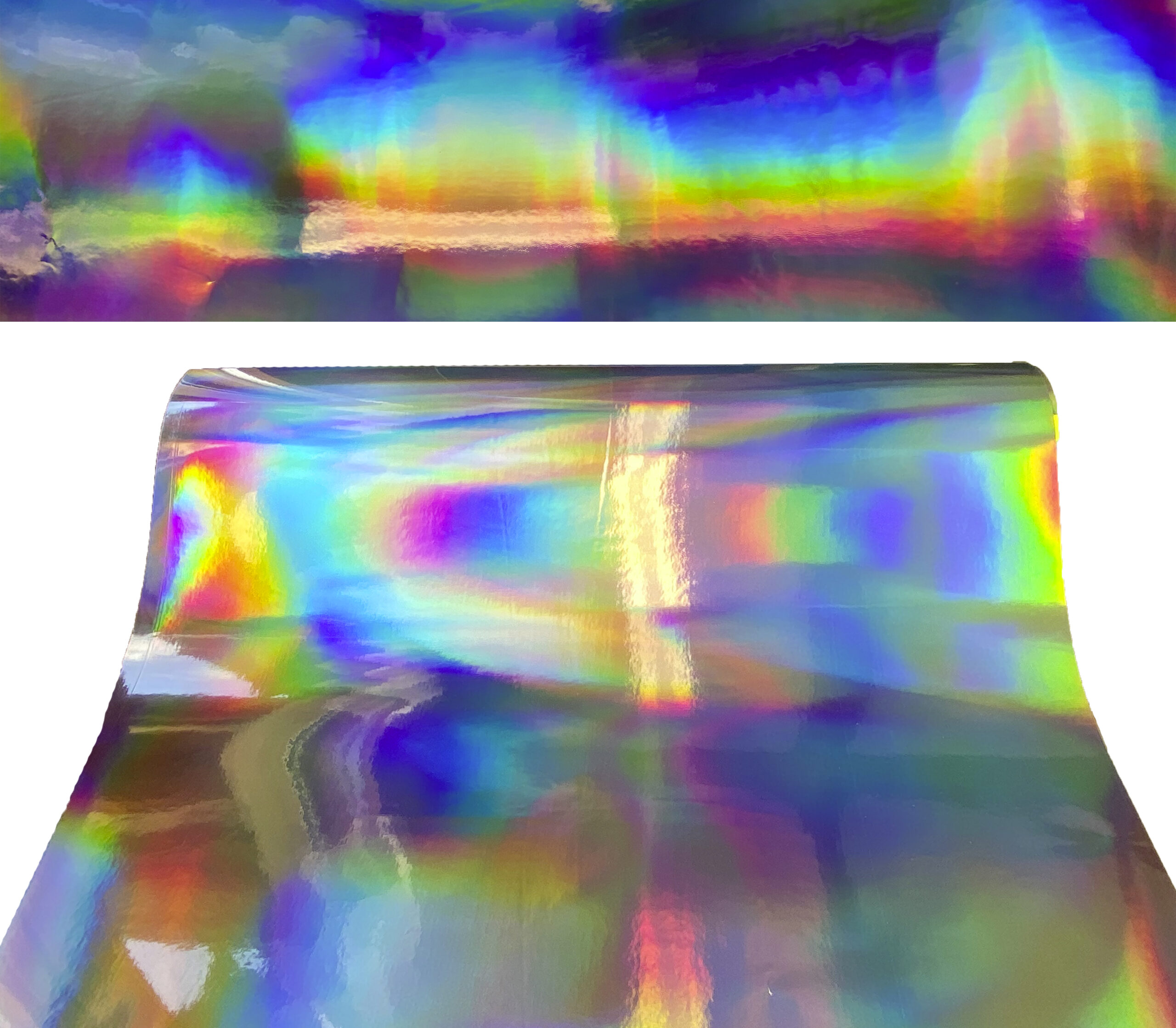 Silbrige Hologrammfolie in Ihrer Wunschform mit Regenbogenmuster