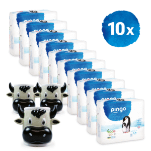 10 sachets de couches Pingo avec 3 tasses avec motif vache