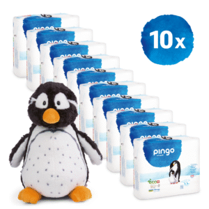 10 Beutel Pingo Windeln mit einem NICI-Plüschpinguin
